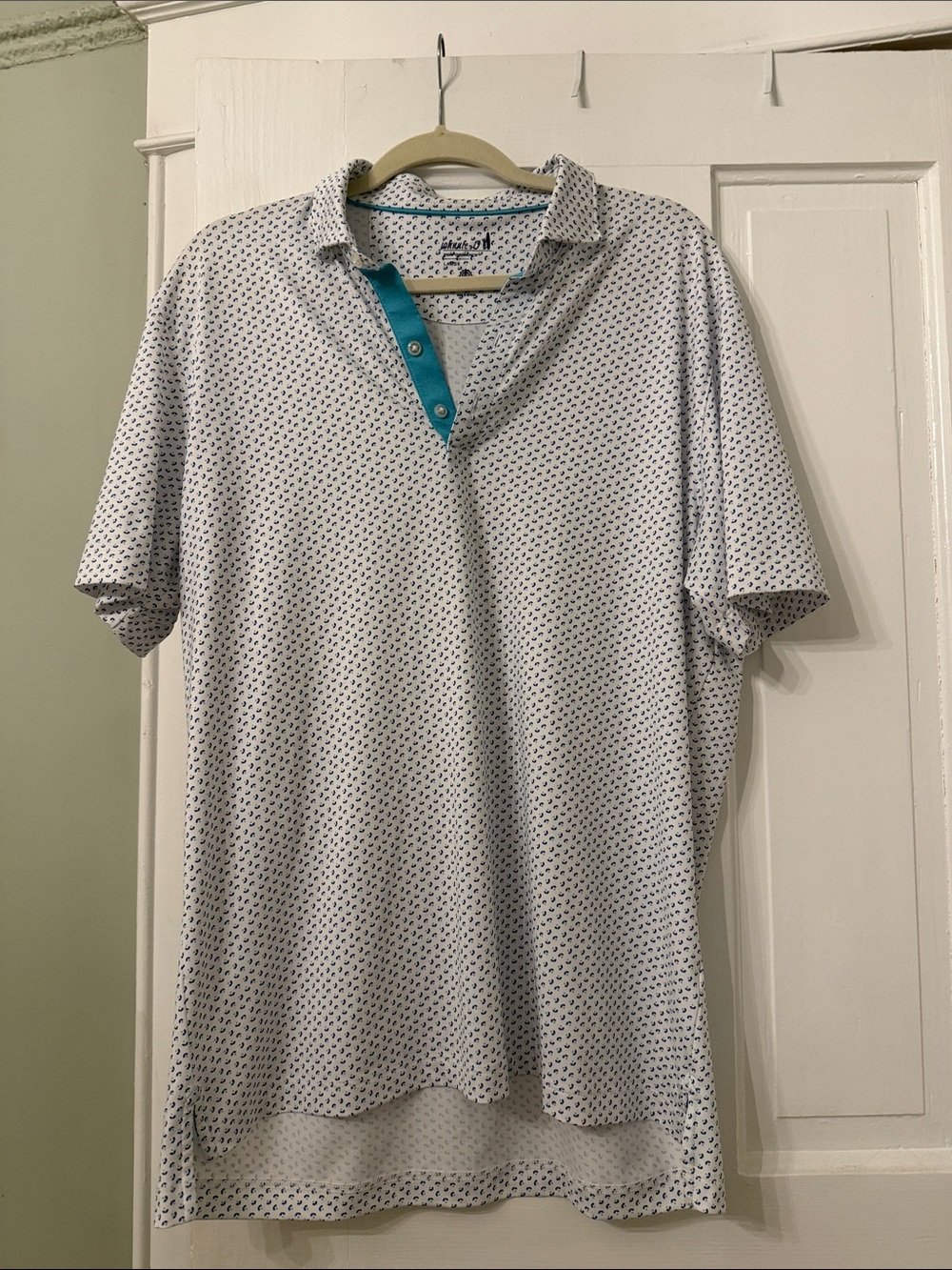johnnie-O White Polo with Teal Placket and Navy Micro Print